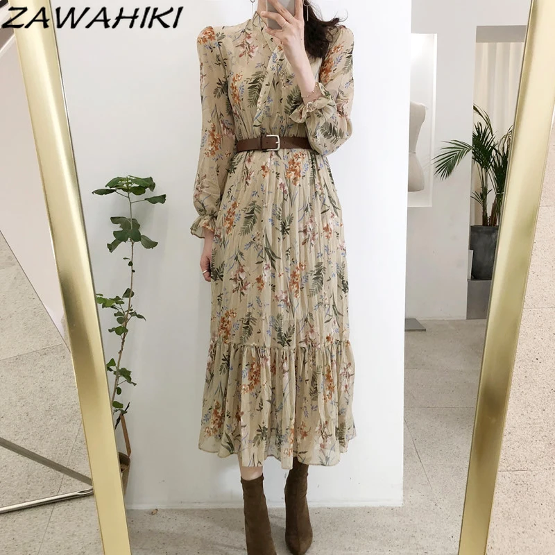 

Шифоновое платье zawhiki с цветочным принтом и V-образным вырезом, элегантное винтажное корейское женское платье, весна-лето 2021, длинные платья