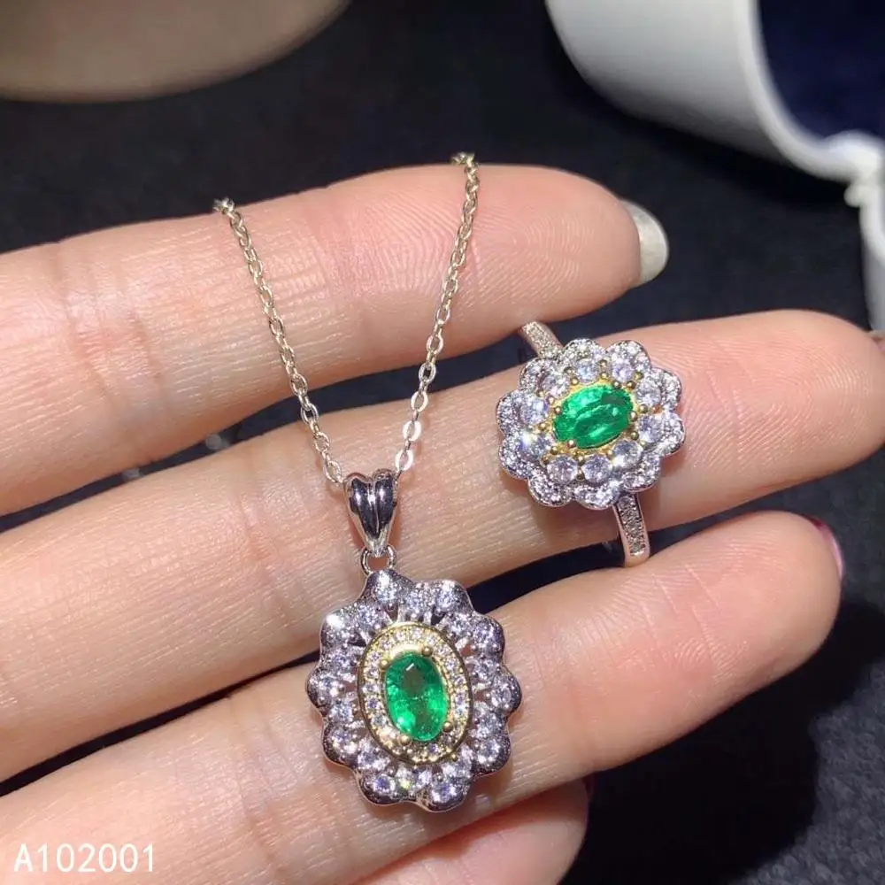 KJJEAXCMY fine jewelry natural Emerald 925 sterling silver women gemstone pendant necklace ring set support test popular