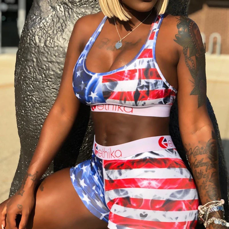 

ETHIKA 2021 Special Sexy Stretch Elastic Waist Summer Striped Sleeveless Short Pant 2PCs Set Gym Running Beach Ladies Women Sets