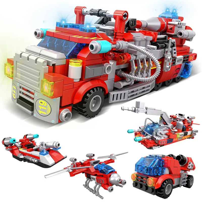 

City Police 6 in 1 Deformed Fire Fighting Truck Car Building Blocks MOC Firefighter Helicopter Boat Figures Bricks Toys for Boys