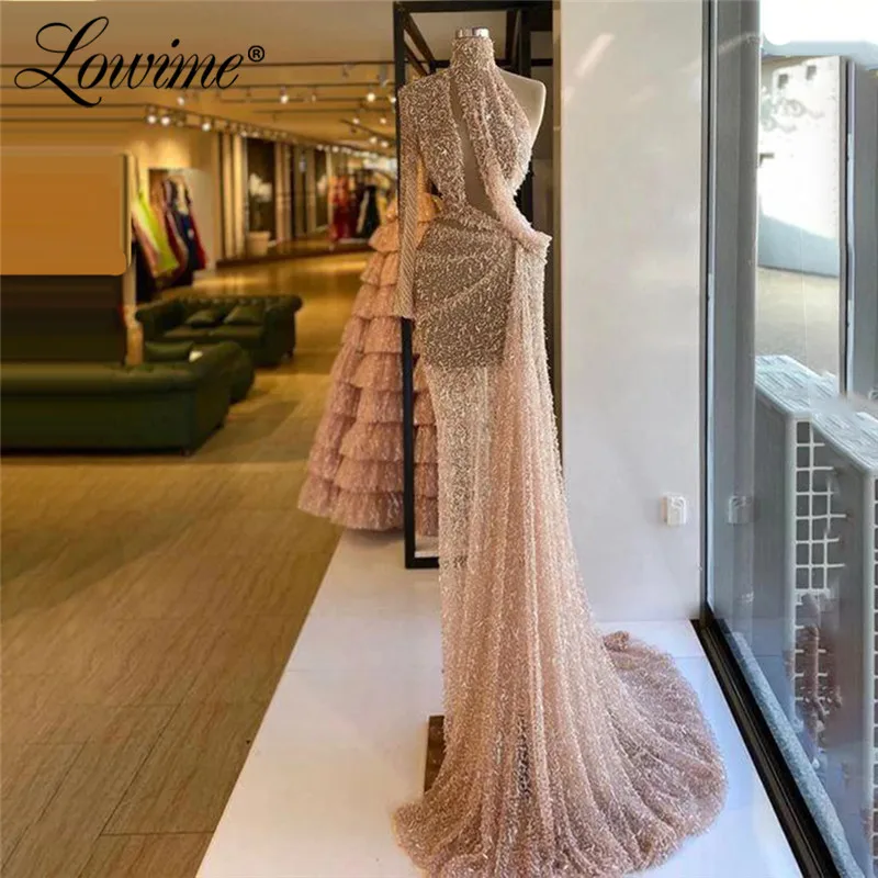 

Pink Beads Evening Dresses 2021 Robe De Soiree Long Prom Dresses See through One Shoulder Beading Party Gowns Vestido De Festa