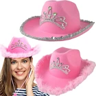 Женская фетровая шляпа, розовая тиара в западном стиле, ковбойские шляпы для женщин, с перьевой кромкой, Пляжная ковбойская шляпа с блестками