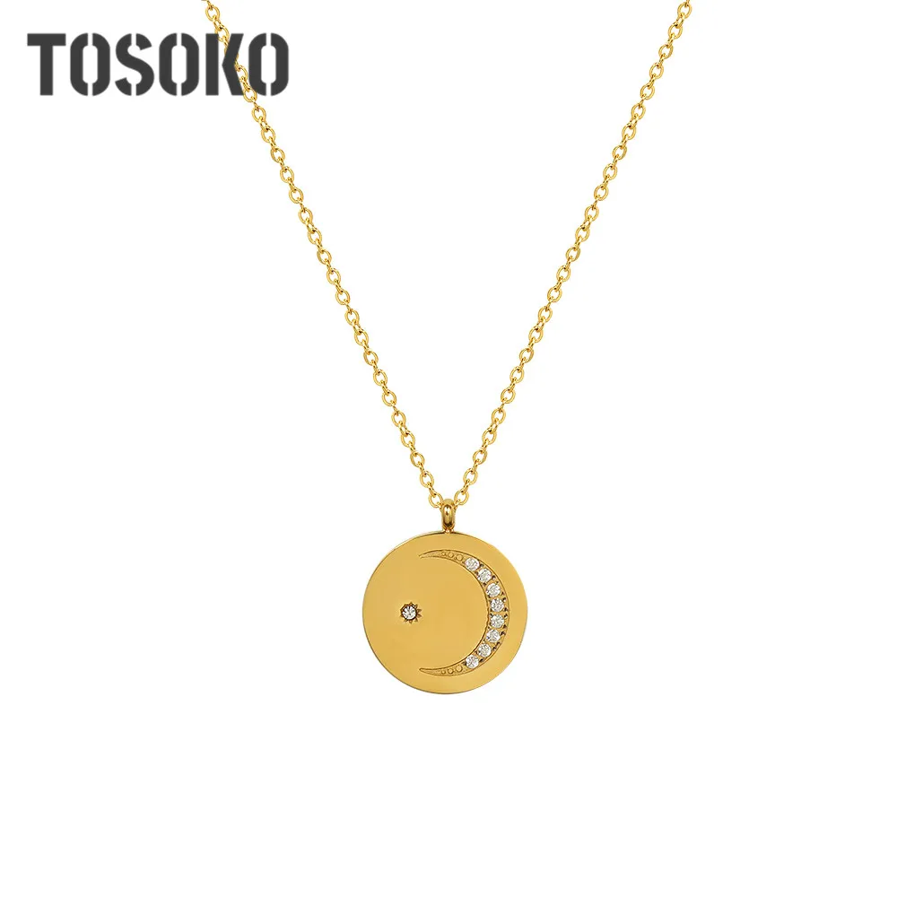 TOSOKO из нержавеющей стали, серьги-гвоздики с кристаллами Swarovski бренд Циркон полумесяц ожерелье для женщин простой многослойное украшение на ...