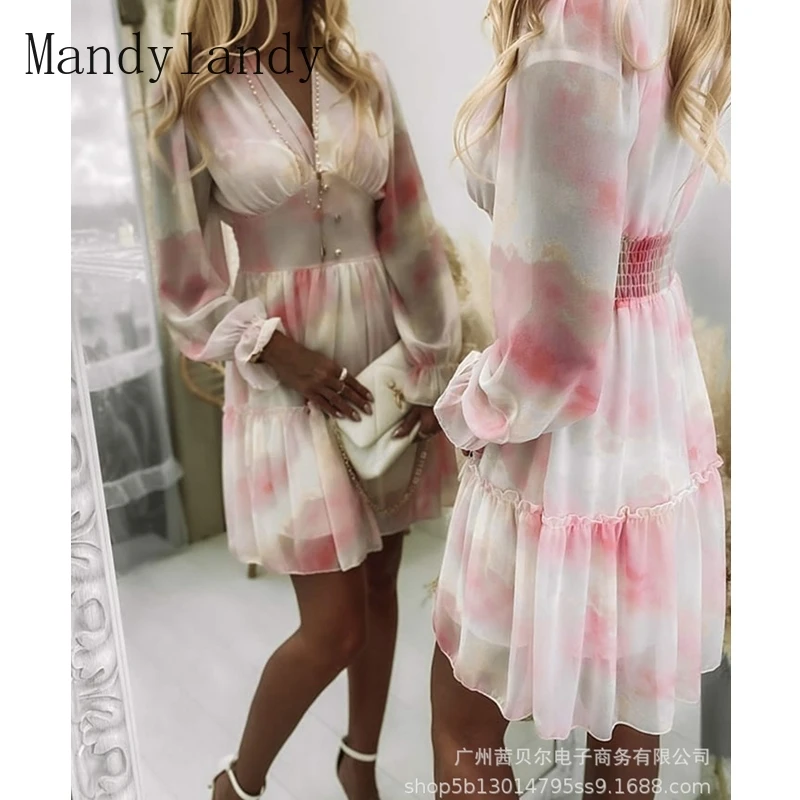 

Mandylandy Dress Autumn Long Sleeve V-neck High Waist Ruffles Dress Womens Casual Tie-Dye Print Slim-Fit Pleated Stitching Dress