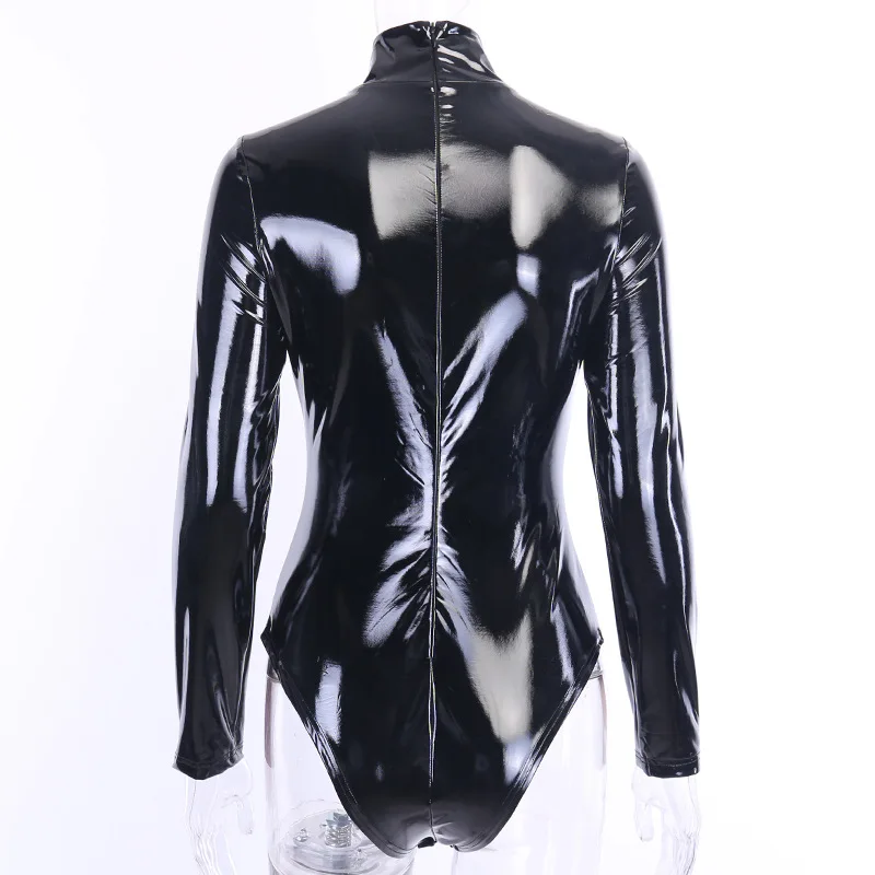 Autumn Stylish Winter Ladies Black Pu Half Turtleneck Long Sleeve Easy Matching High Street Designer Cool Bodysuit