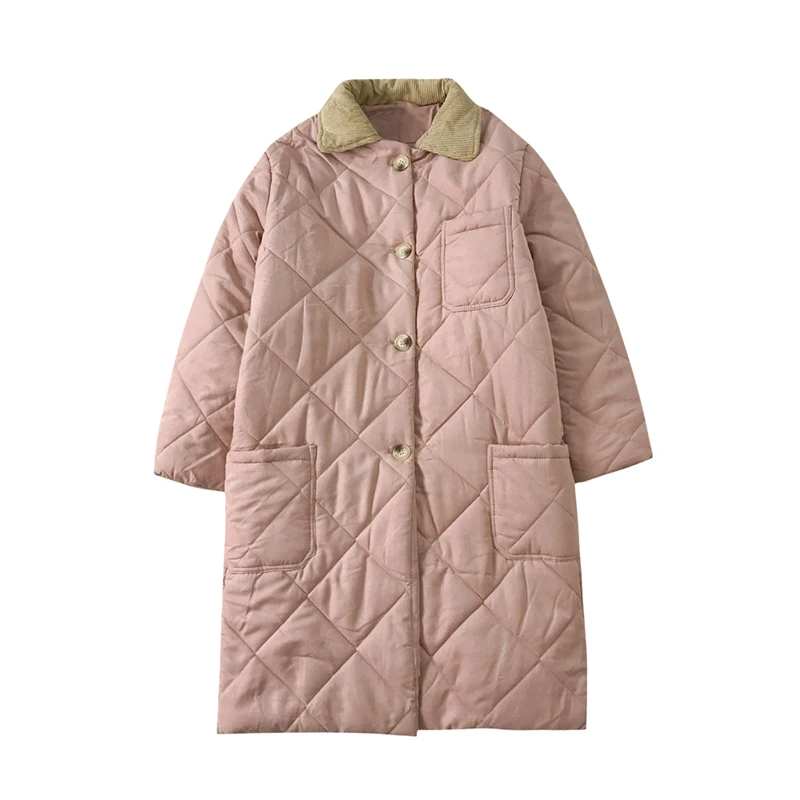 

Corduroy Stand-up Collar Diamond Plaid Cotton Jacket Ladies 2021 Winter All-match Loose Mid-length Sleeve Jacket Student Trend