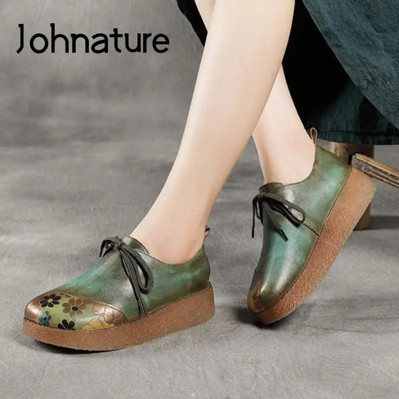 

Женские туфли-лодочки в стиле ретро Johnature, туфли из натуральной кожи на платформе с круглым носком, шнуровкой и цветочным узором, ручная рабо...