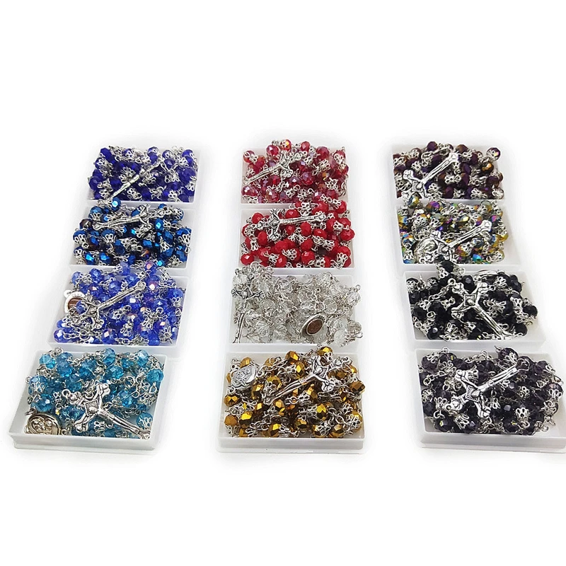 

QIGO Crystal Cross Rosary Necklace With Cup Long Pendant For Women Religious Jewelry Red Blue Black