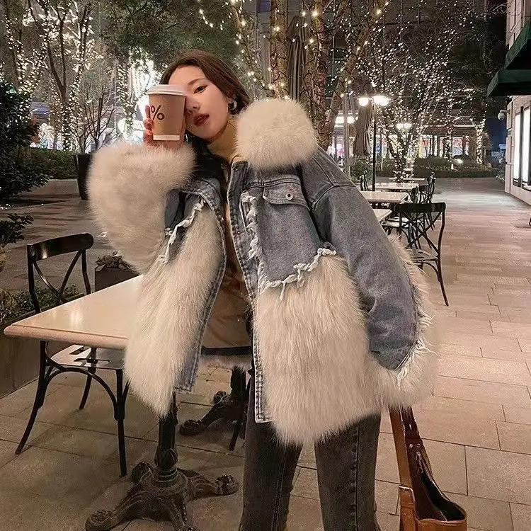 2021 winter new style denim stitching real fox fur young overcoming coat women's mid-length faux fur coat