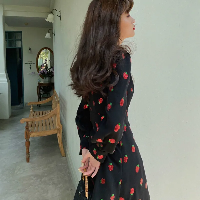 

2021 Summer Kawaii Black Lace Dresses Woman Korea Strawberry Dress High Waist Women Sequins Oversized Streetwear Kawaii Lolita