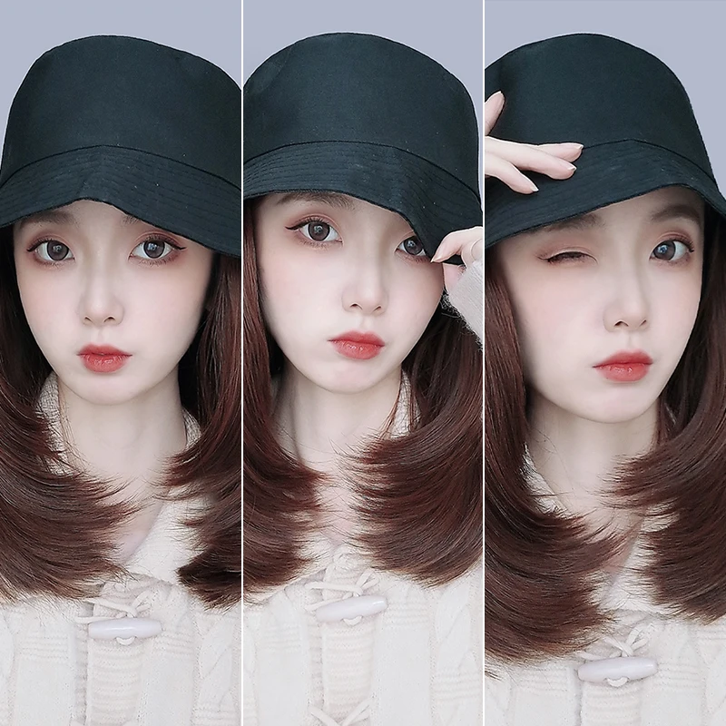 Synthetic Short Wig Black Bucket Hats Natural Hair Color Winter Outfit Fall Autumn Hat Wigs for Women Clip on Hair Extensions