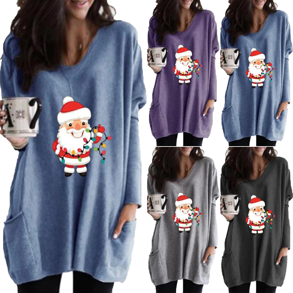 

Loose Pullover Shirts Christmas T Shirt Long Pockets Women's Fashion Long Sleeve Casual Tops Women Clothing Printed T Shirts Top