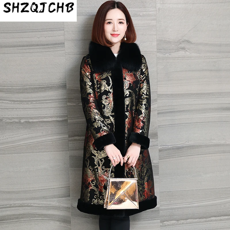 

Женское кожаное пальто SHZQ, зимнее пальто средней длины с мехом лисы