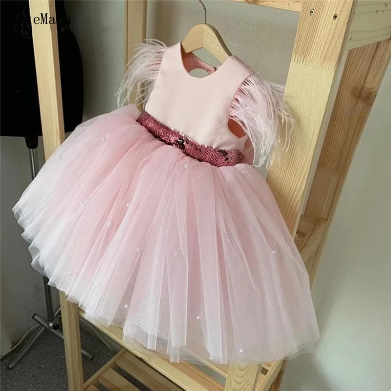 Pink Infant Girls Dresses Backless Big Bow Princess Birthday Party Gowns Puffy Kids Clothes Photoshoot