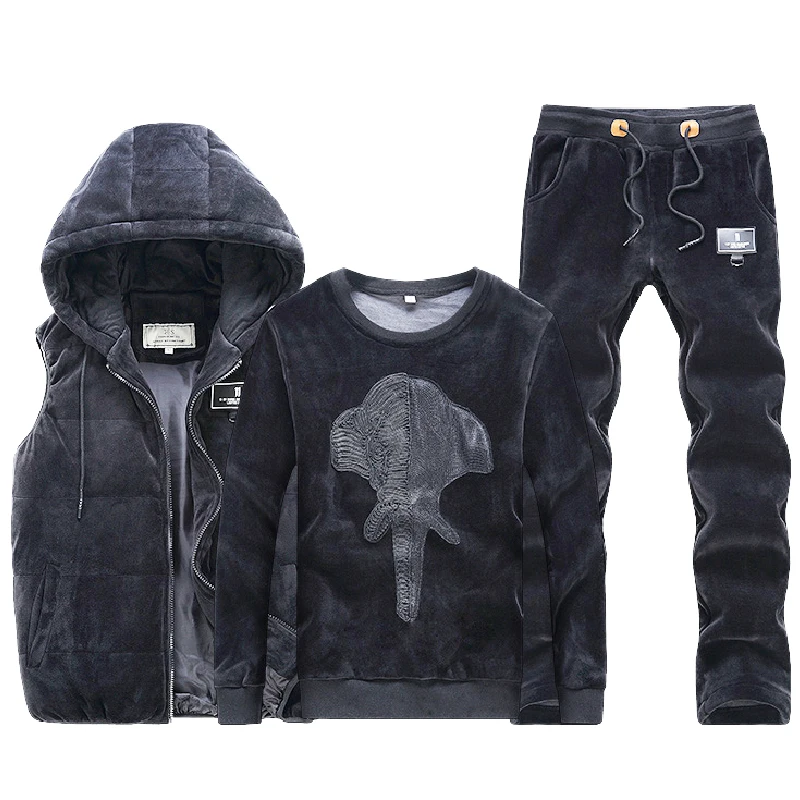 Мужской теплый спортивный костюм со слоном зимний жилет с капюшоном из 3
