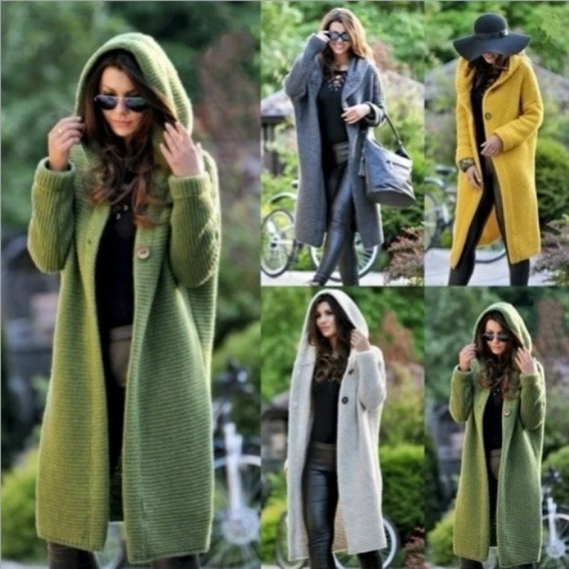 

2020 Casual Knitted Cardigan Women Autumn Winter Button Female Fashion Ladies Oversize Long Sweater Plus Size Hooded Cardigan