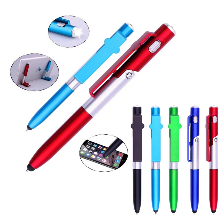 4-in-1 Folding Ballpoint Pen Screen Stylus Touch Universal Mini Capacitive with LED for Tablet Cellphone Stand Accessory | Канцтовары