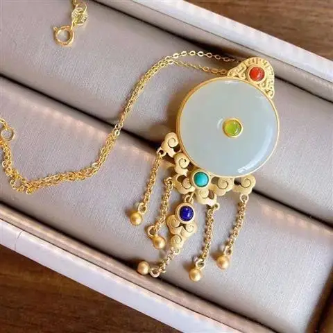 

Necklace Women's Retro Ethnic Style Chinese Style Classical Ruyi Safety Buckle Pendant Hetian Jade Tassel Necklace Super Girl