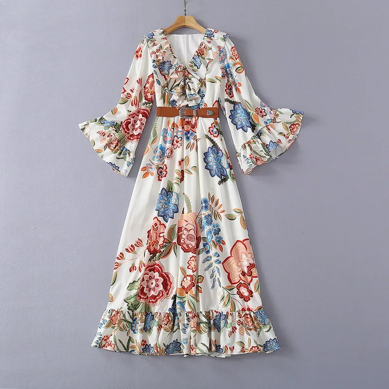 European and American women's clothing spring 2021 new  Long sleeve ruffled V-neck  Fashionable flower print belt dress