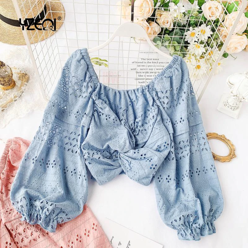 

Yzeqi Women Summer Fashion Sexy Blouse Hollow Out Long Sleeve Off Shoulder Shirt Female Top White Short Casual Printed T-shirts
