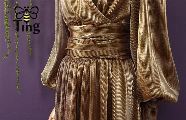 

Tingfly Designer Gorgeous Golden Color Luxury Maxi Party Dresses Empire Shiny Bling Split Long Dress Celibrity Occasion Dress