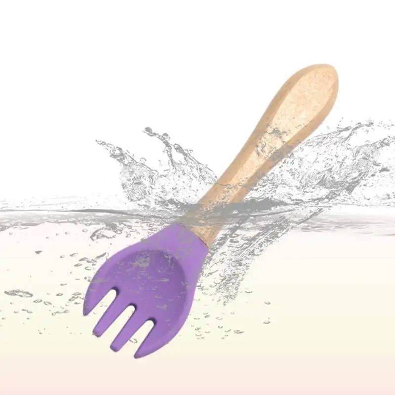 Cuchara de silicona de madera para beb&eacute;, vajilla de suplemento alimenticio para ni&ntilde;os, cuchara de entrenamiento con mango de madera para alimentaci&oacute;n segura-4