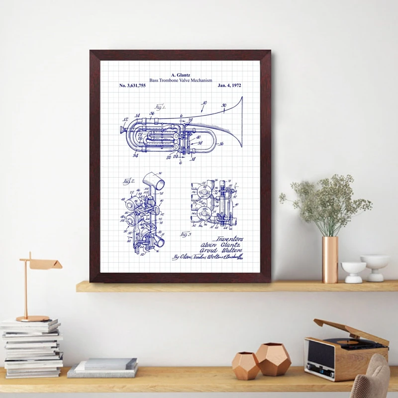 

Bass Trombone Valve Blueprints Canvas Prints Music Retro Wall Art Pictures Vintage Poster Musician Gift Home Art Wall Decor