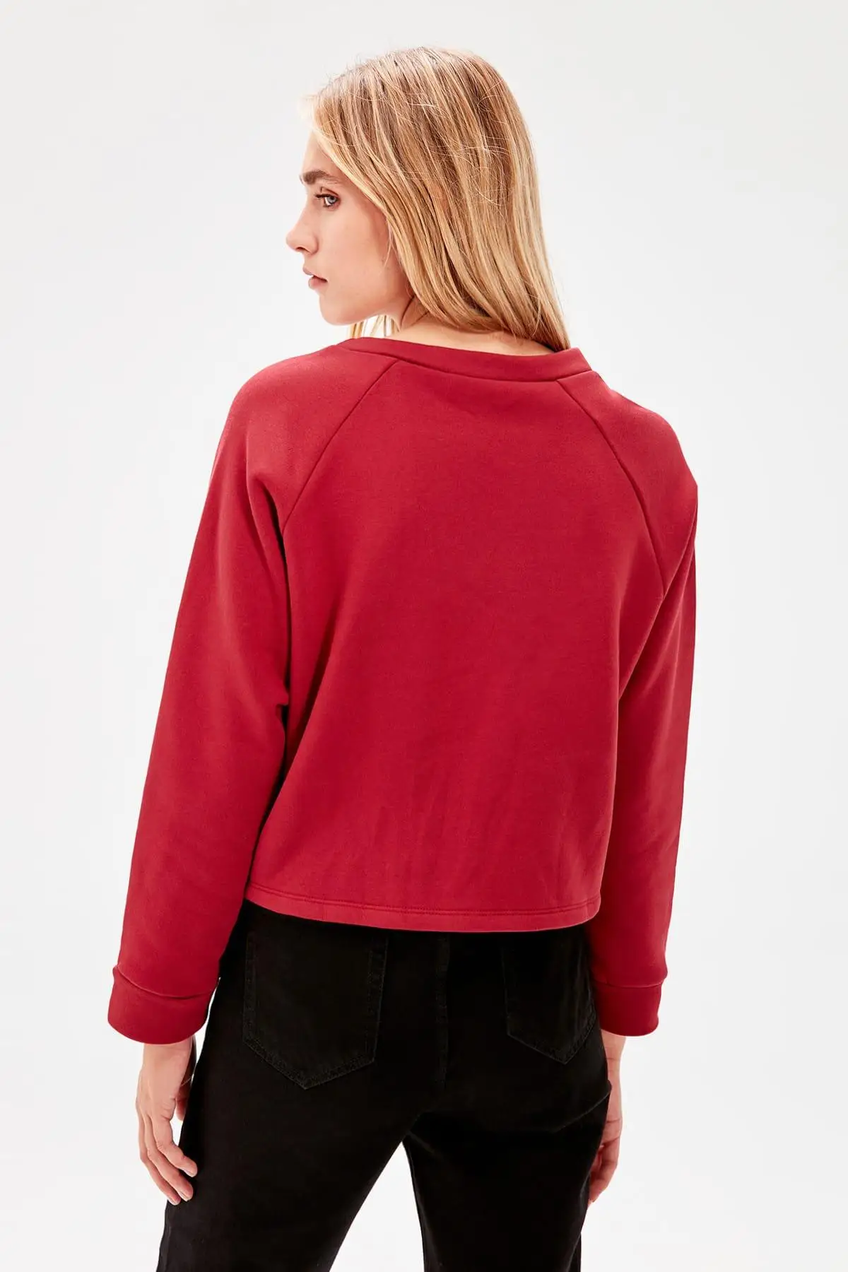 Trendyol бордовая печатная укороченная трикотажная толстовка TWOAW20SW0098