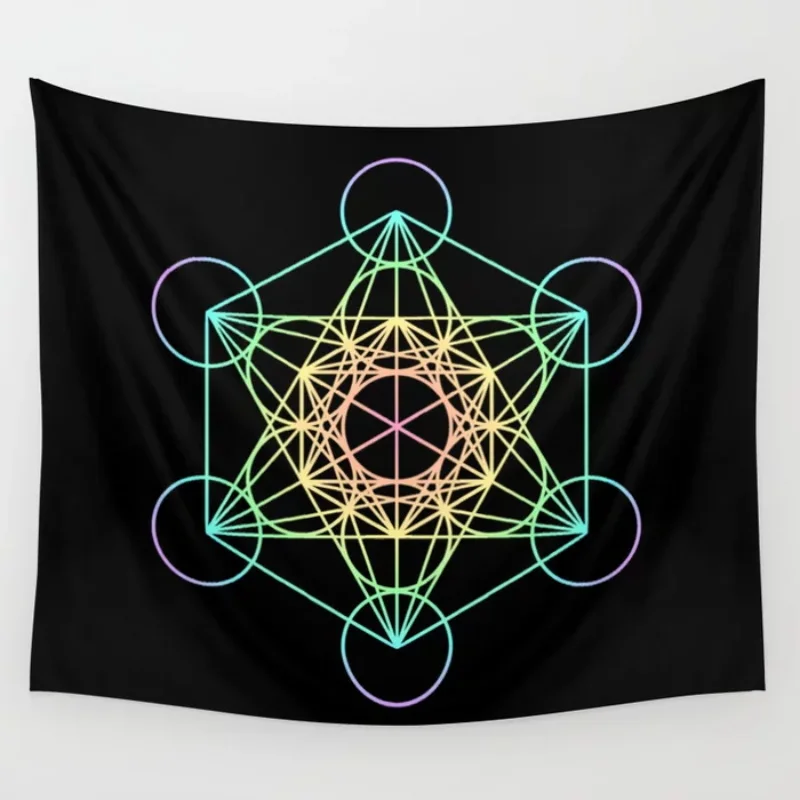 

Metatron's Cube Rainbow On Black Tapestry Bedspread Wall Art Coverlet Curtain Blanket Sheet Throw Personalized Table Cloth