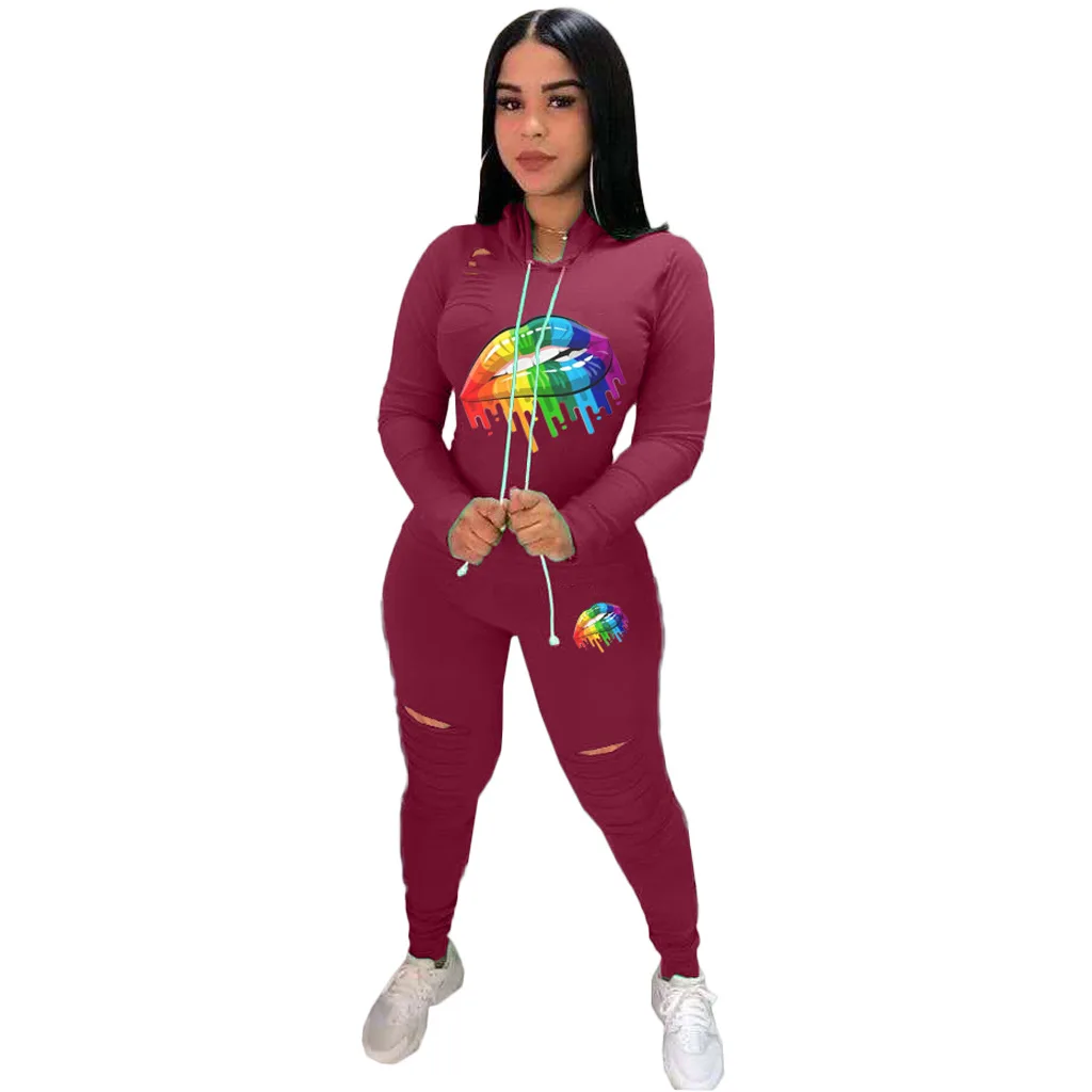 Зимний женский комплект с принтом в виде рта толстовки свитшоты леггинсы штаны