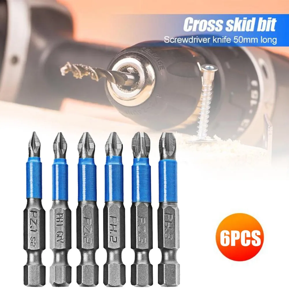 

6Pcs Anti Slip Screwdriver Bit Set S2 Alloy Steel For 1/4" Electric Hand Drill Screwdriver Impact 50mm PH1/PH2/PH3/PZ1/PZ2/PZ3