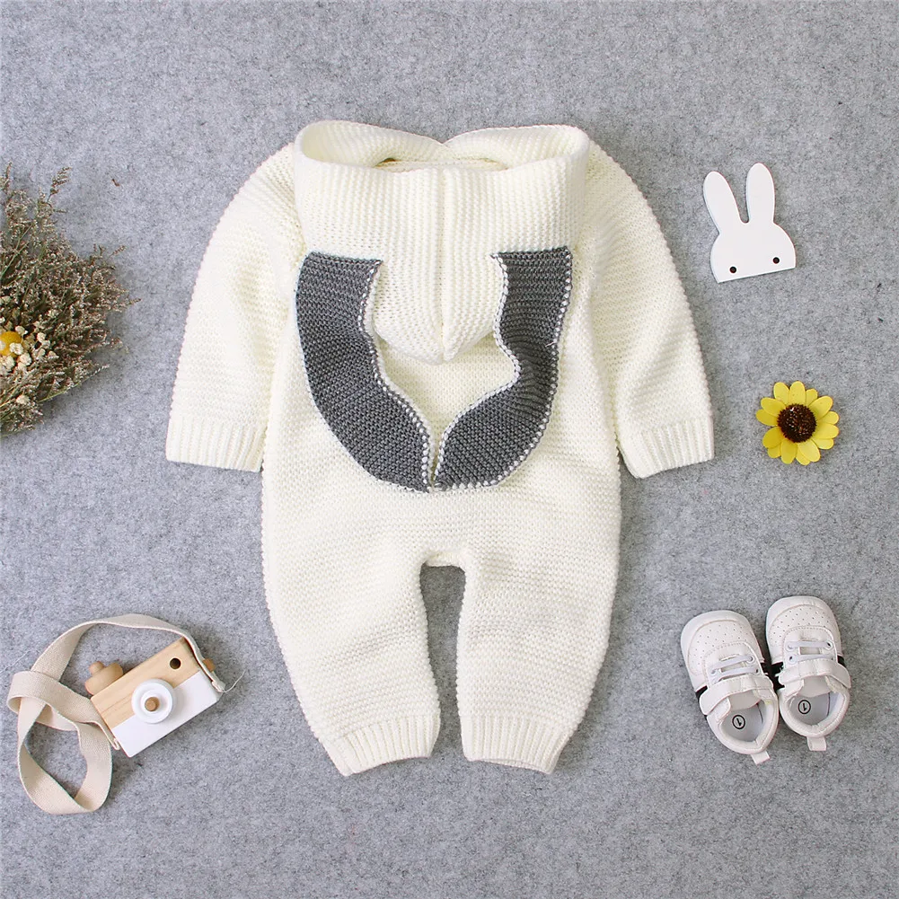 0-24M Autumn Winter Infant Kids Girls Boys Rompers Knit Solid Long Sleeve 3D Ears Hooded Jumpsuits Clothes