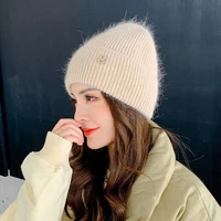 2022 new beanie hat for women winter luxury wool rabbit fur knitted beanie hats casual soft warm skullies cap