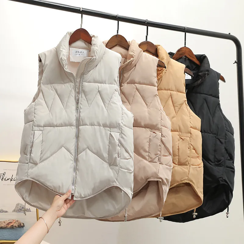 

Women Autumn Winter Waistcoat Vest 2021 New Casual Solid Turn Down Collar long zipper sleeveless Thick Warm padded Vest Coat