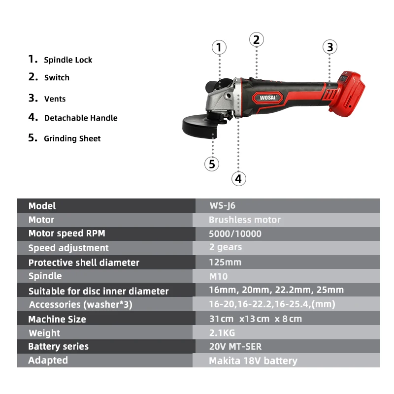 Беспроводная ударная шлифовальная машина WOSAI бесщеточный угловой шлифовальный