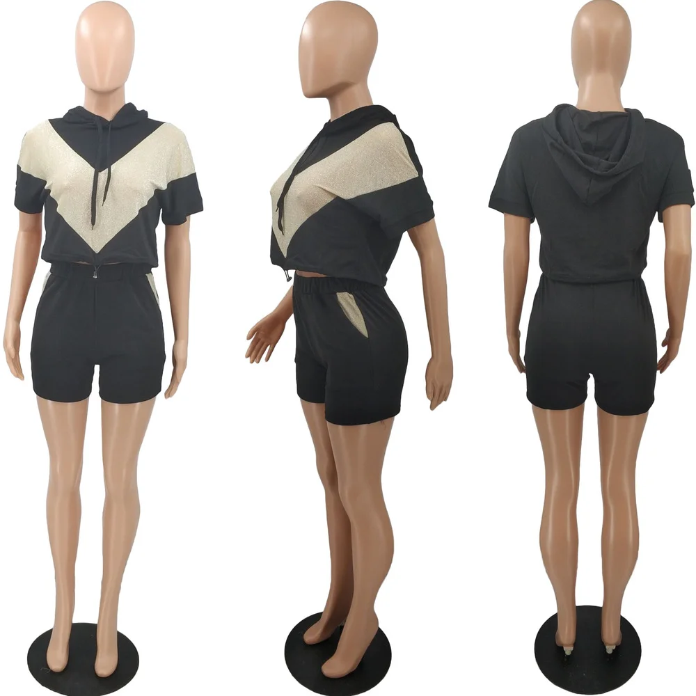 

Plus Size Shiny Sequined Spliced Two Piece Set Outfits for Women Hooded Short Sleeve Crop Sweatshirt and High Waist Biker Short