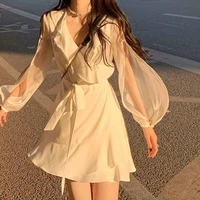 2021 summer elegant mini dress woman one piece dress korean elegant party beach dress female lantern sieeve office lady v neck