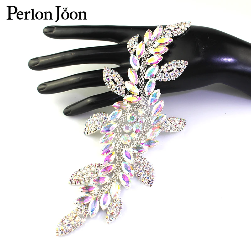 

1pcs AB color crystal leaf long patch AB rhinestone glass welding flower silver decal for wedding boots decorative accessories