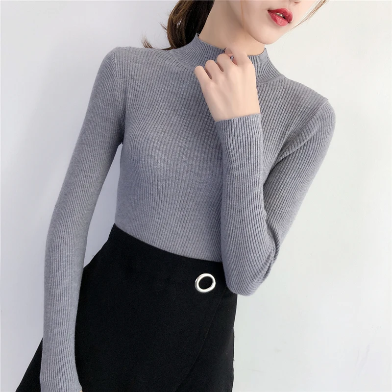 

2019 Women Sweater Slim Half High Collar Elasticity Pullovers For Women Bottoming Knited Jumper Casual Winter Warm Sweater Woman