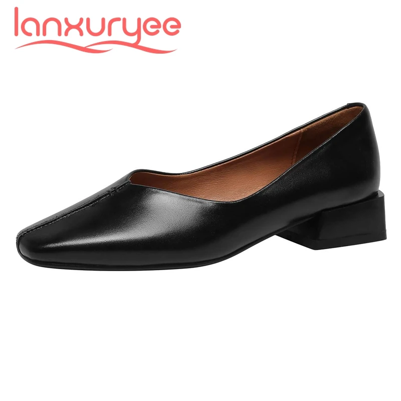 

Lanxuryee 2021 simple style full grain leather handmade square toe thick med heel slip on young lady dress basic women pumps L03