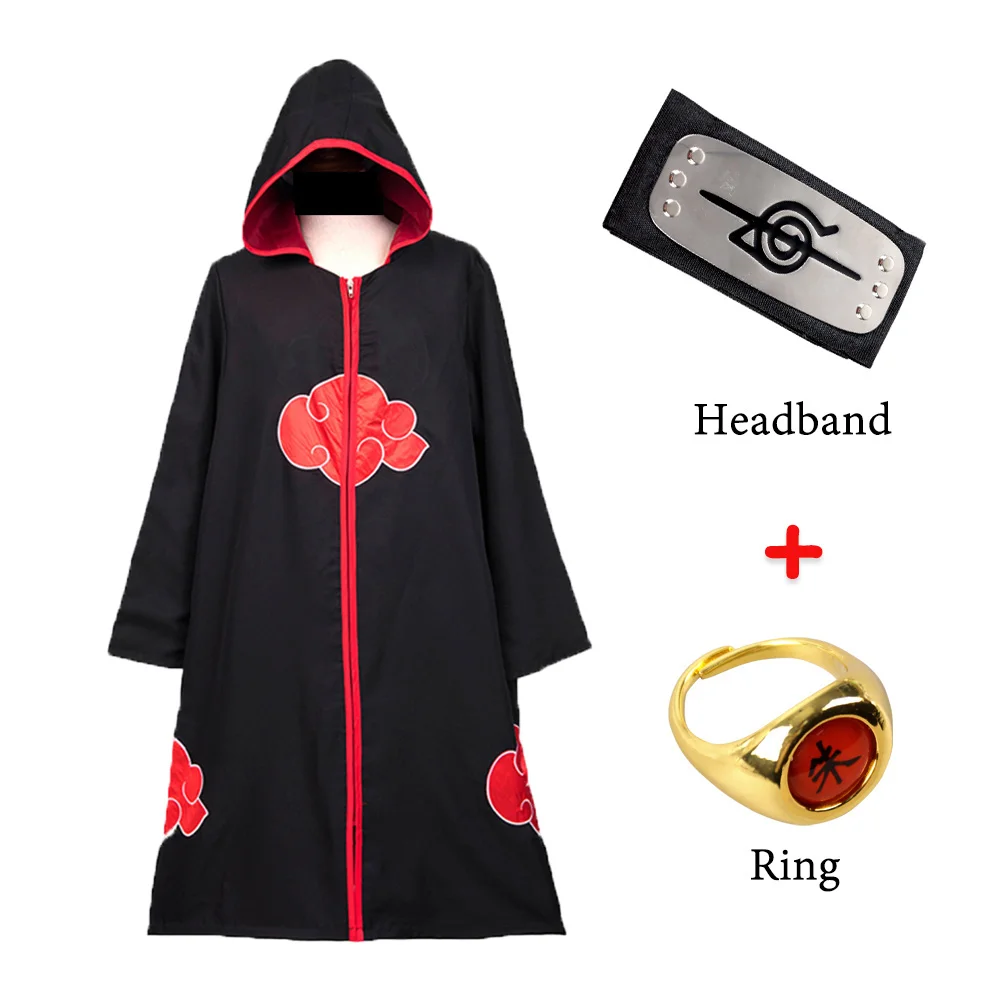 Halloween 3Pcs Anime Akatsuki Costume Hoodie Headband and Ring Cape Red Cloud Robe Party Cosplay | Тематическая одежда и