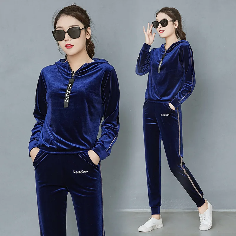 Blue Wei Small Осенняя и зимняя женская куртка спортивная модная повседневная мягкая велюровая Толстовка комплект из 2 предметов пуловер с длинными рукавами спортивные костюмы - Цвет: Blue Wei Small