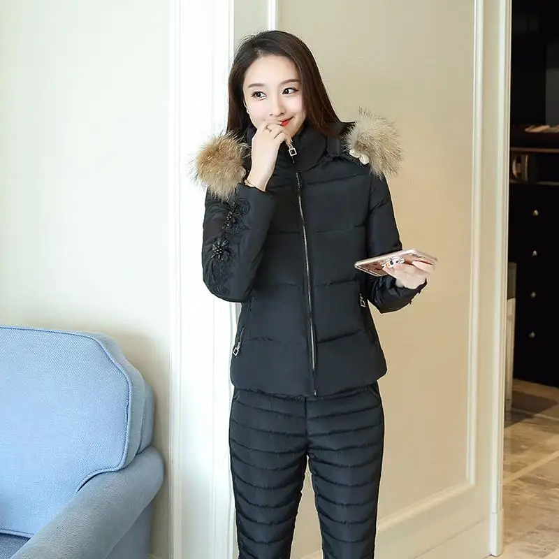 Зимняя женская теплая куртка и штаны костюмы мода искусственный мех с капюшоном