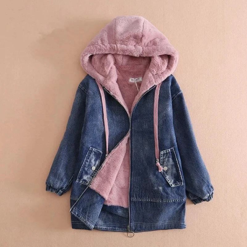 

Casual Loose Thicken Hooded Jean Jackets Student Outdoor Velvet Winter Jacket Women Fashion Letter Embroidery Korean Denim Coats