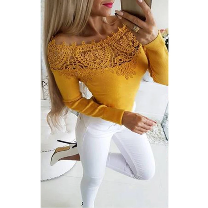 С открытыми плечами женские блузки с длинным рукавом кружева сшивание Женские