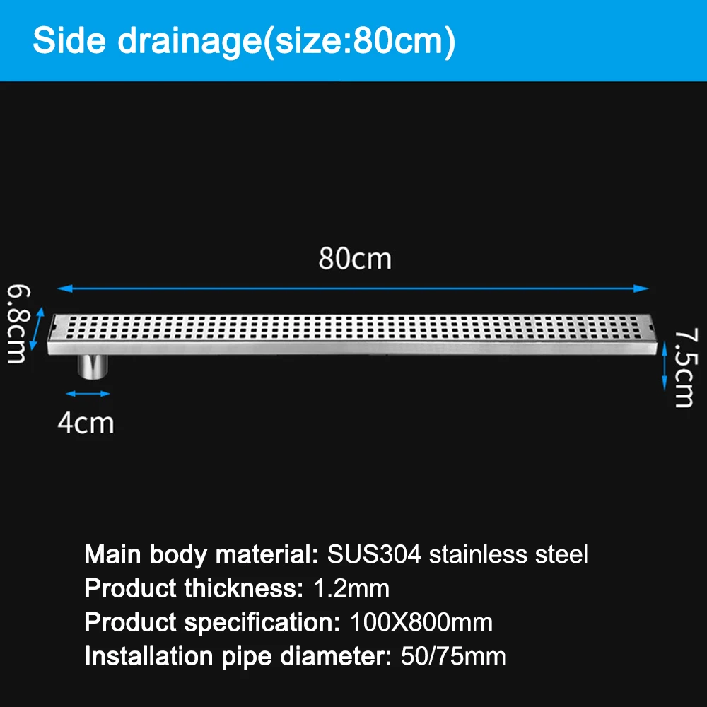 

20-100 см серебристой стороной на выходе и напольным трапом квадратный узор Ванная комната душевой дренажный прямоугольник Нержавеющая сталь отходов Решетка полового стока