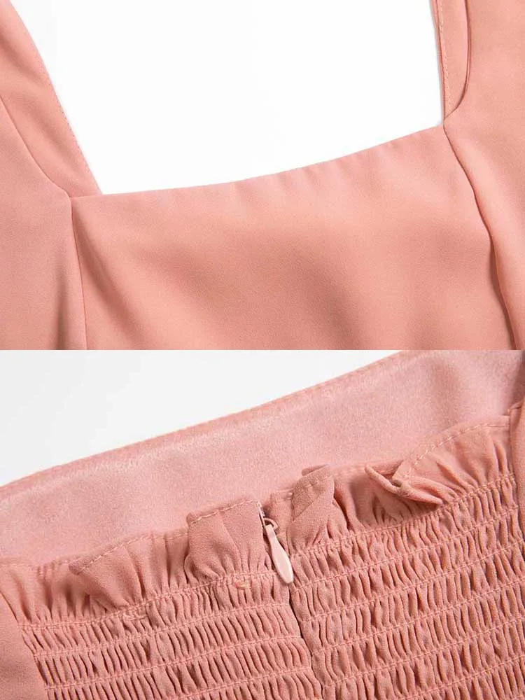 

yinlinhe Nude Pink Tied Long Dress Women Square Collar Vintage Summer Dress Backless French Style Party Dresses Holiday 2065