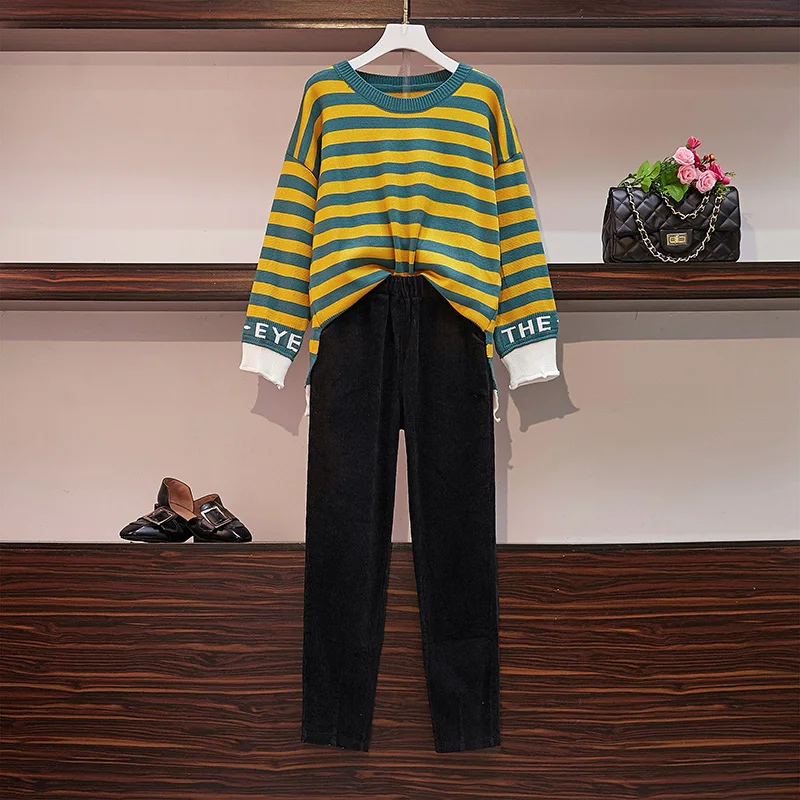 

Женский модный свободный костюм, блестящий трикотажный свитер в полоску с круглым вырезом и вельветовые брюки, Женский Повседневный костюм...