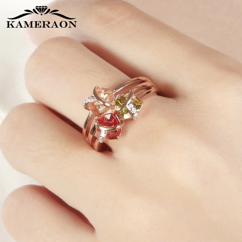Ring Dainty Cubic Zirconia Silverware Gifts For Women Wide Rings Green Yellow Gemstones Rose Gold-color | Украшения и аксессуары