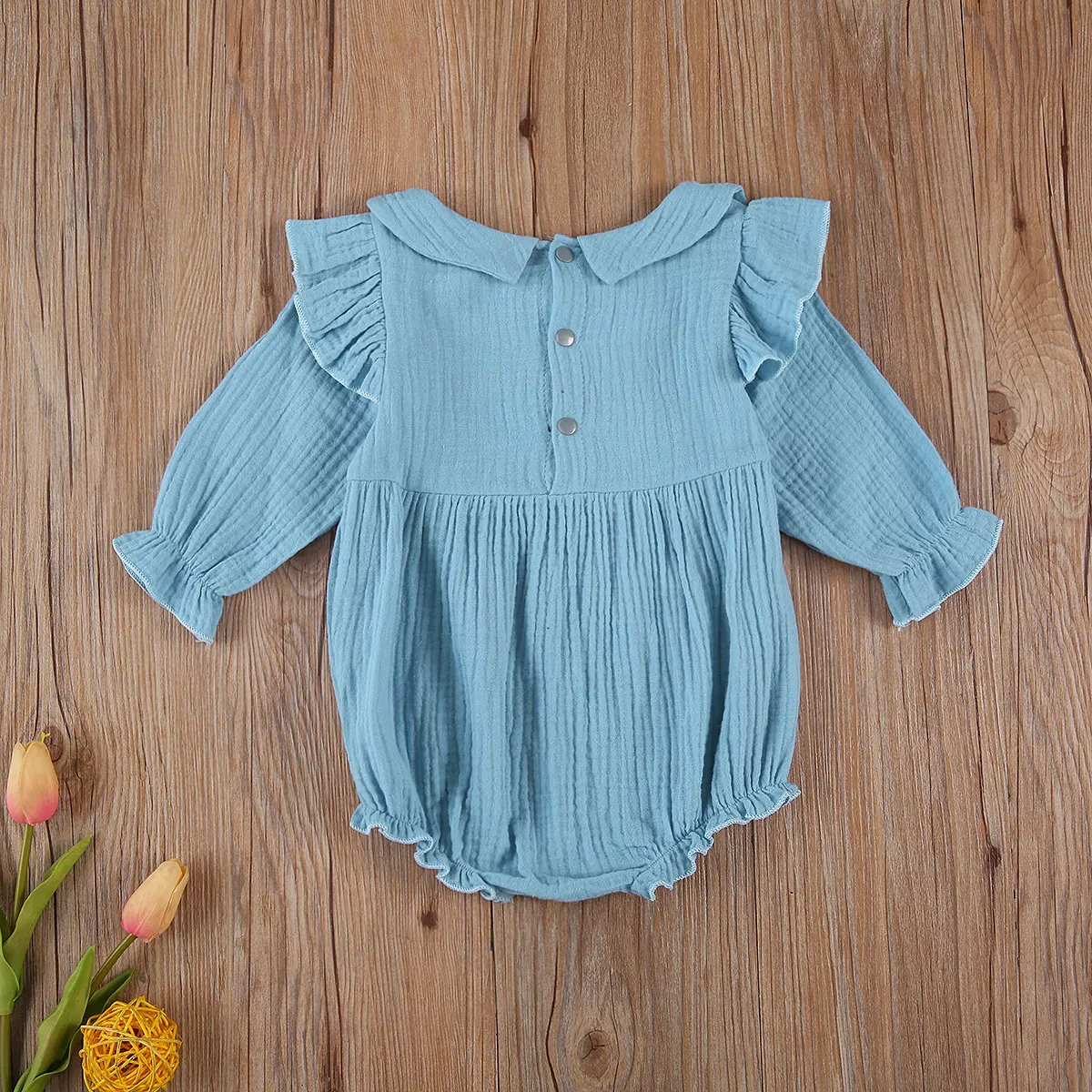 

Cute Baby Girl 0-24M Romper Long Sleeve Lapel Collar with Buttons Top Wrinkled Short for Summer and Spring